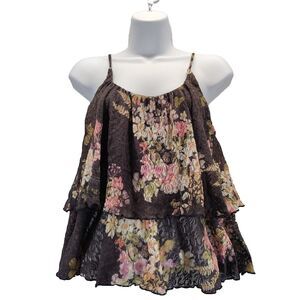 Wet Seal Women Sheer Lace Babydoll Top Floral Black Tier Tank Top Sz L Coquette